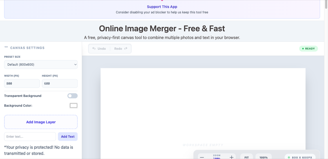 The Txt2Img.click image merger workspace, showing the layer canvas in the centre with the toolbar above it and the layer and canvas-size controls in the left sidebar.